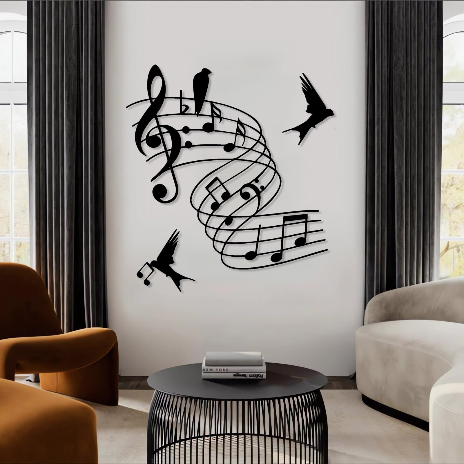 Decoración de pared abstracta contemporánea de metal con motivos musicales y de pájaros, arte musical, decoración musical, arte con partituras de pájaros, letrero temático, obra de arte de estudi
