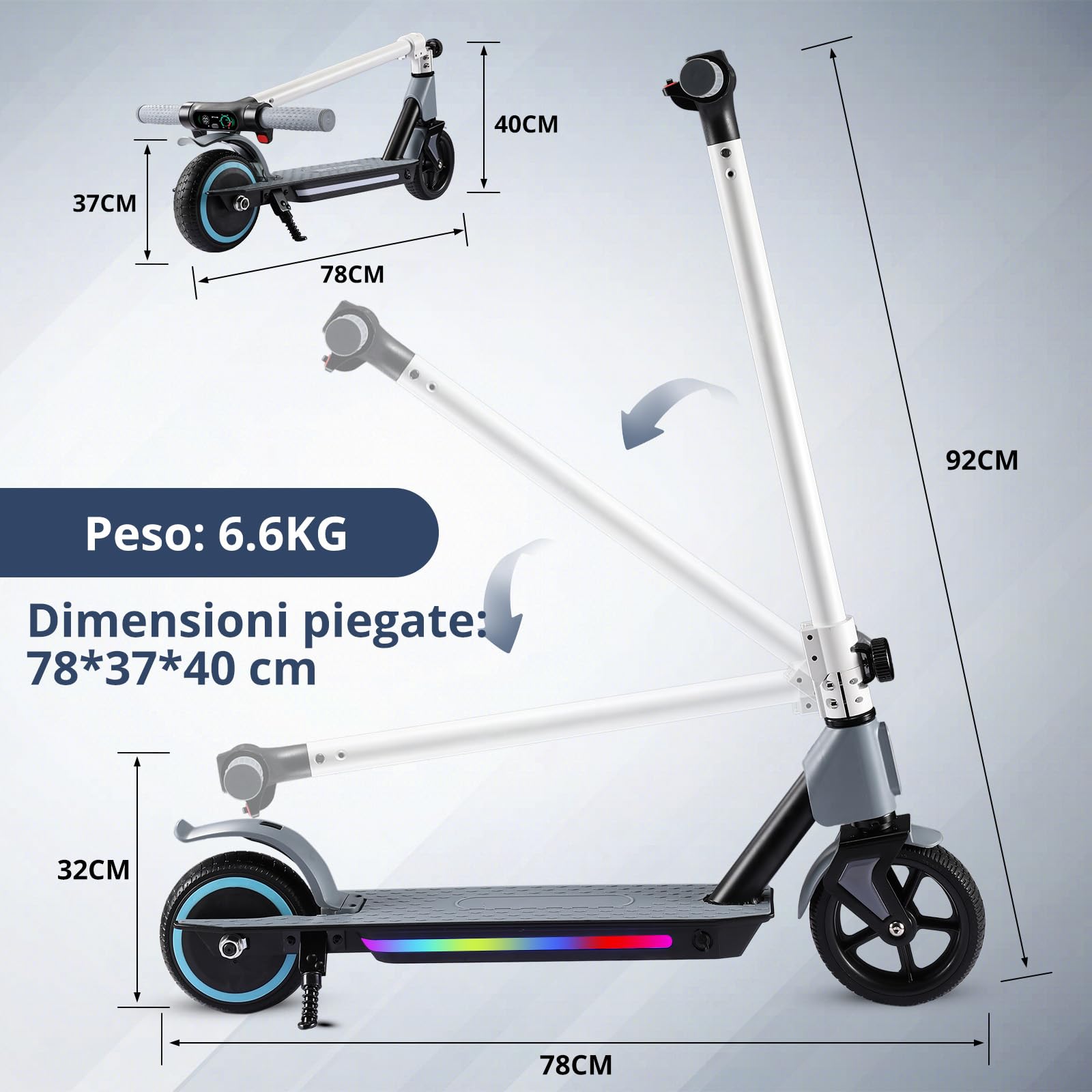 Monopattino Elettrico, 6.5'' Monopattino Elettrico Bambini dai 6 ai 12 anni, Pieghevole Monopattino Bambini,Autonomia 5-8KM,Monopattini Elettrici Display a LED,Regalo per Bambini (S2-Gray)