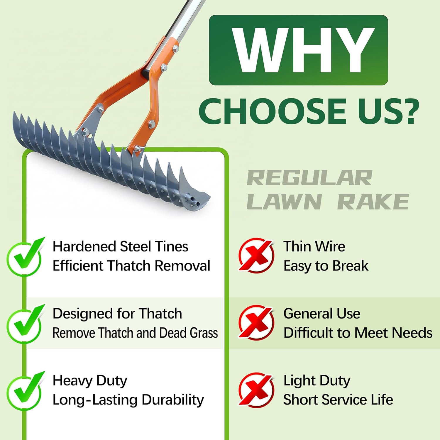 Thatch Rake – 74-Inch Heavy Duty Metal Rake with Hardened Steel Tines for Efficient Lawn Thatch and Dead Grass Removal, Detachable Handle Manual Dethatcher Rake for Yard and Landscape Maintenance