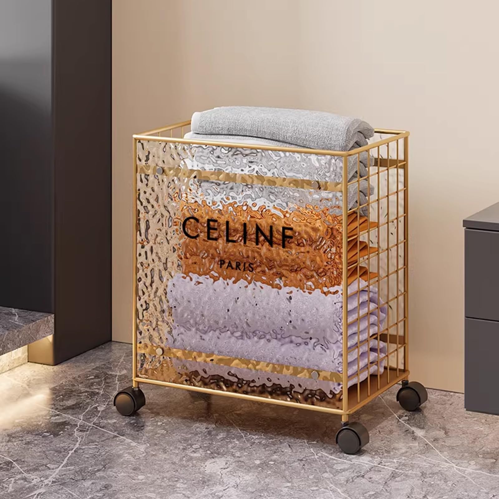 Folding Laundry Basket Household Storage Clothes Hamper with Wheels,Towel