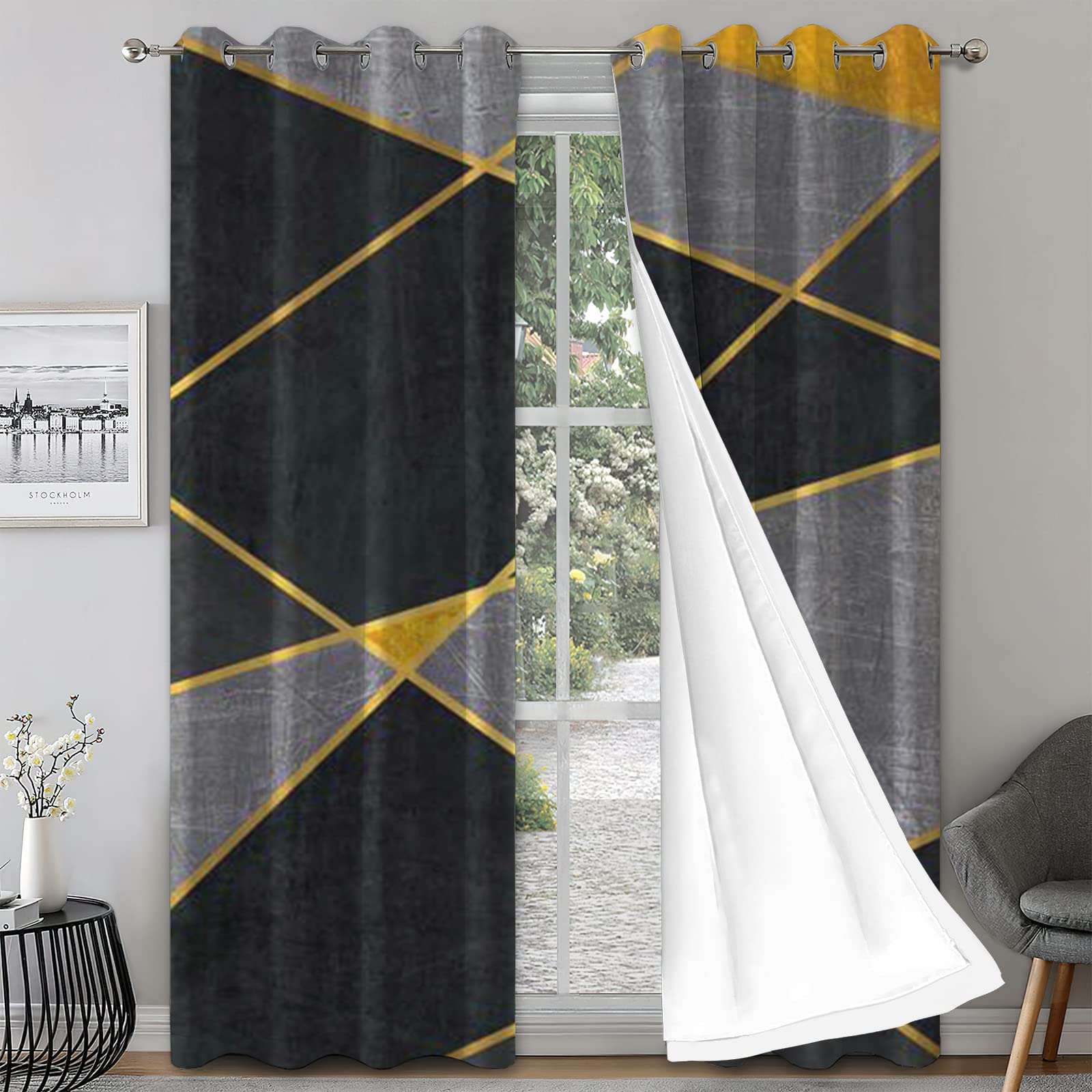 Cortinas Niño Niña Habitacion Opacas Con Ojales 2 Piezas 3D Costuras Geométricas Negrasgrises Y Amarillas Patrón 234X230Cm（An X Al）Cortinas Termicas Aislantes Frio Y Calor Salón Dormitorio Ventana