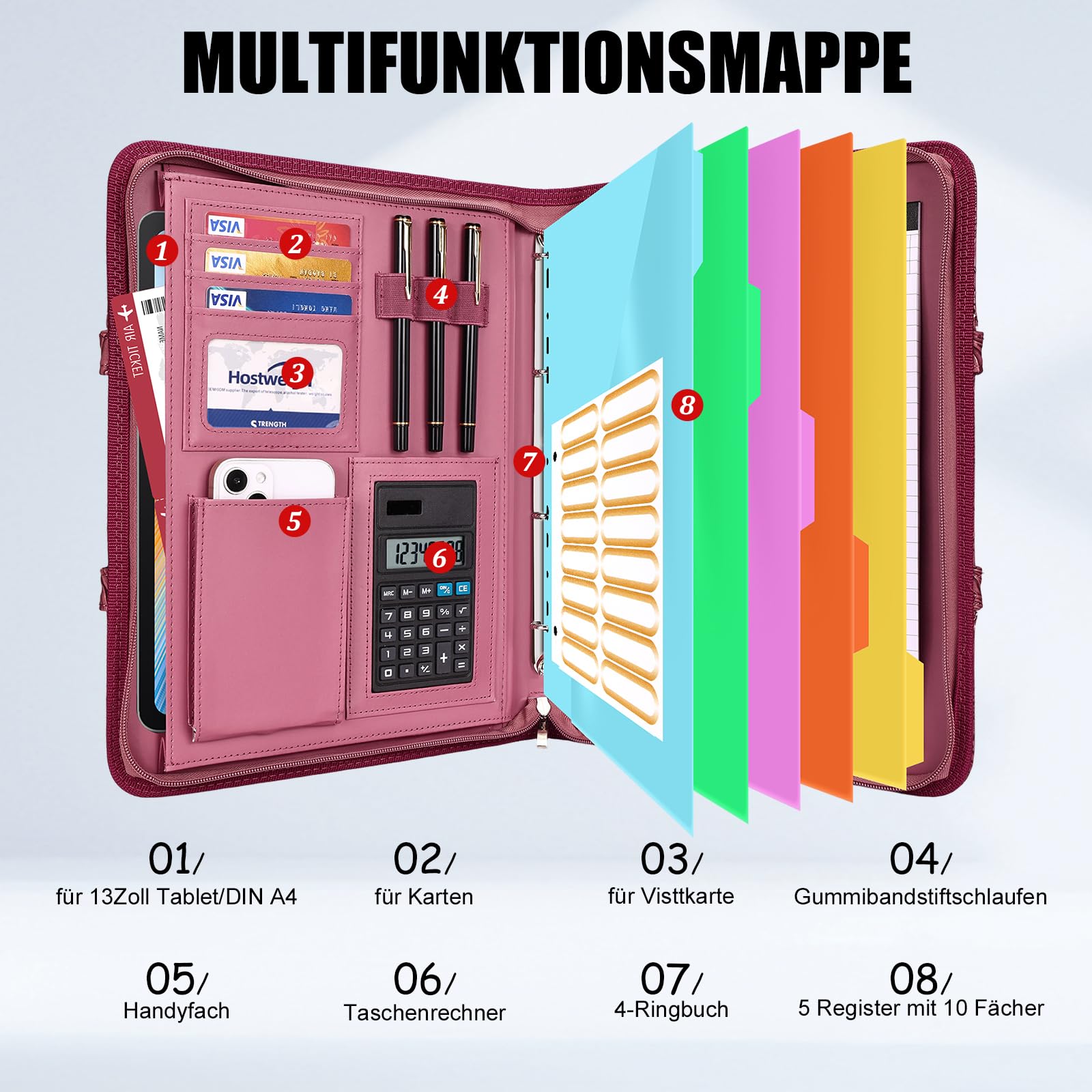 Leathario Schreibmappe A4 mit 5er Register DIN A4，Konferenzmappe mit 4 Ringbuch，Dokumentenmappe mit Reißverschluss，Griff，Klemmbrett,Ordner für Meeting, Business,Mappe für Schule, Uni