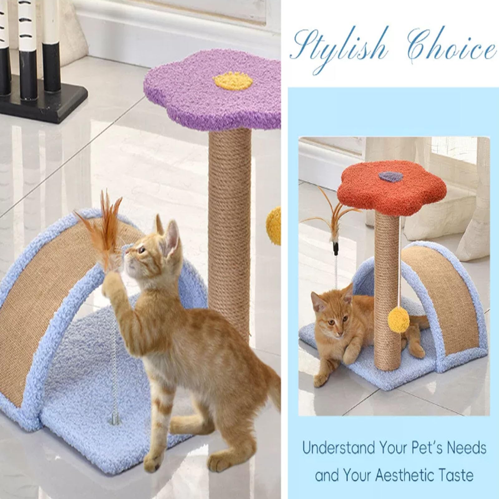 Kratzbaum Katze, Kratzbaum/Kratzstamm mit Spielball für Kleine Katzen(Red,+Arched cat Bed)