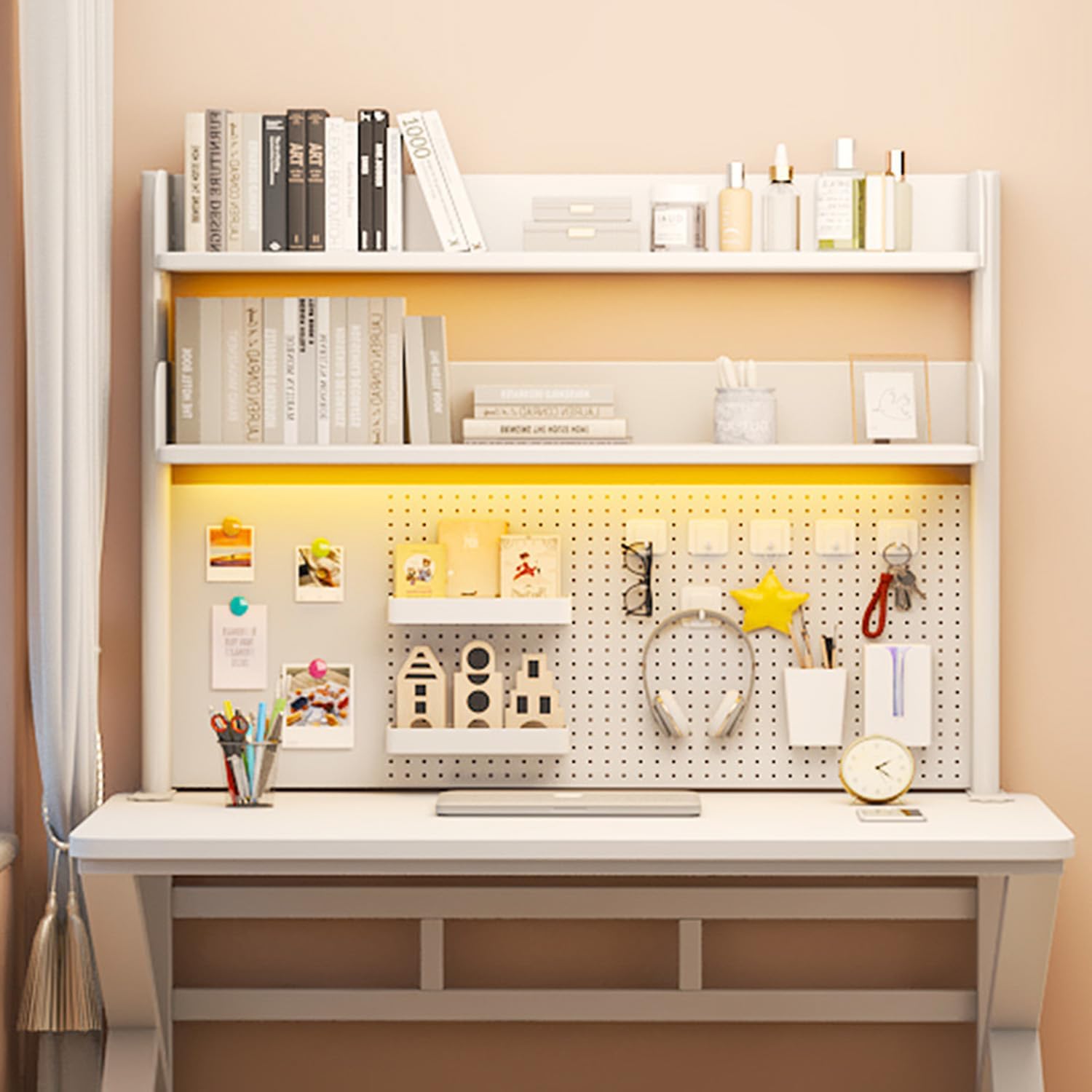 PinkForest ピンクの森 机上ラック 多機能デスクシェルフ 有孔ボード付き スチール製 本棚 ブックスタンド 卓上収納 簡単