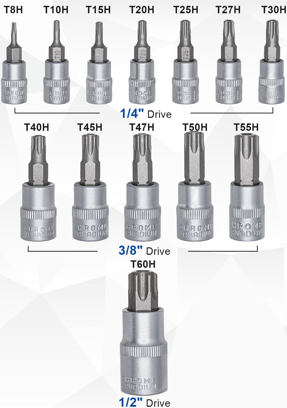 DAKCOS 13pcs Torx Bit Socket Set, T8H-T60H, 1/4", 3/8", 1/2", T-Profile with Hole, CR-V Sockets and S2 Bit - Image 2
