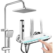 HOMELODY Shower Fitting Complete Set with Glass Shelf - Rain Shower with Tap and Stainless Steel Shower Fitting with Piano Knob 4 Jet Types with Waterfall Spout Shower Set with Rain Shower Chrome