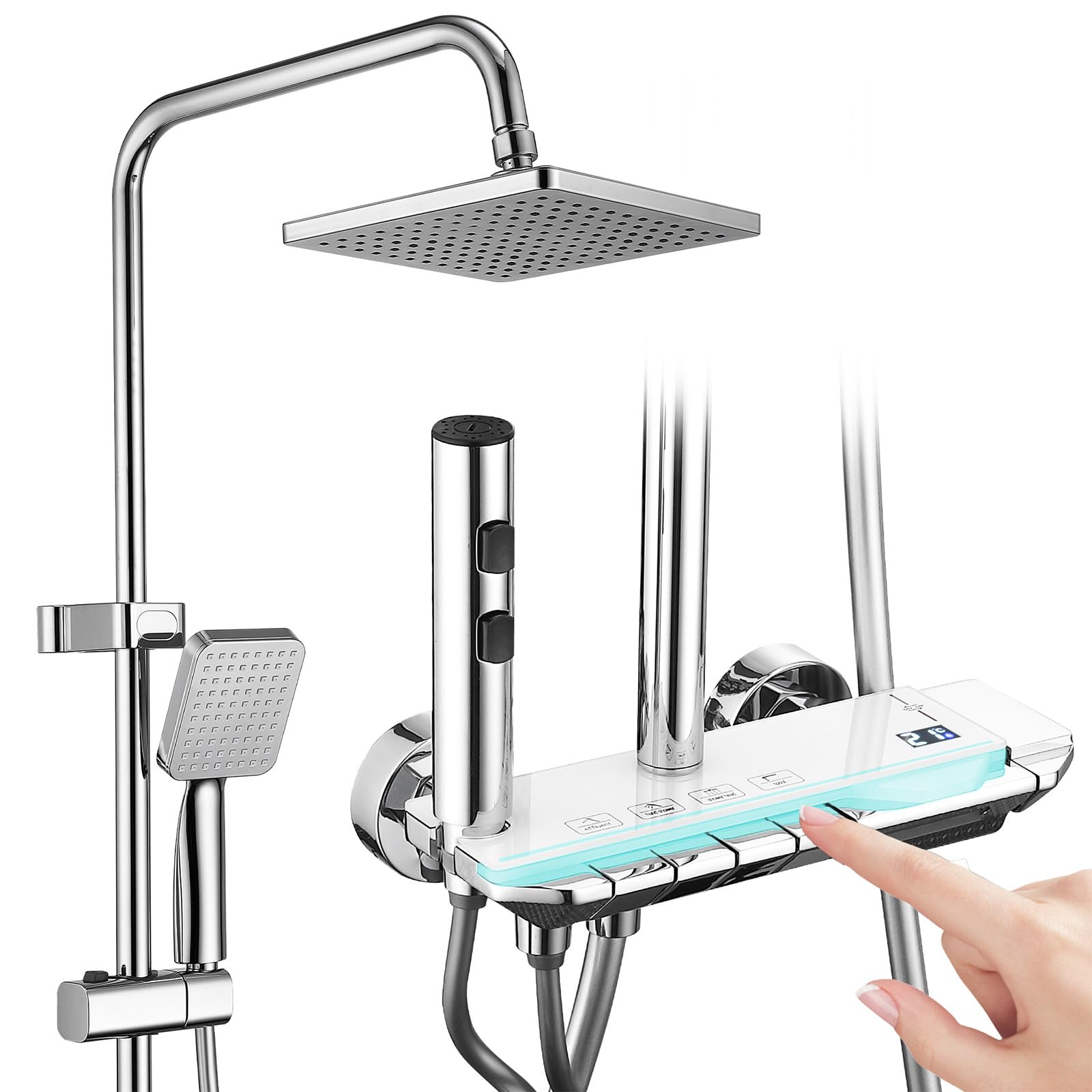 HOMELODY Bateria prysznicowa ze szklaną półką, prysznic ze strumieniem deszczowym z kranem i 30 cm, bateria prysznicowa z przyciskiem fortepianu, 4 rodzaje strumienia i 3-funkcyjny prysznic, zestaw