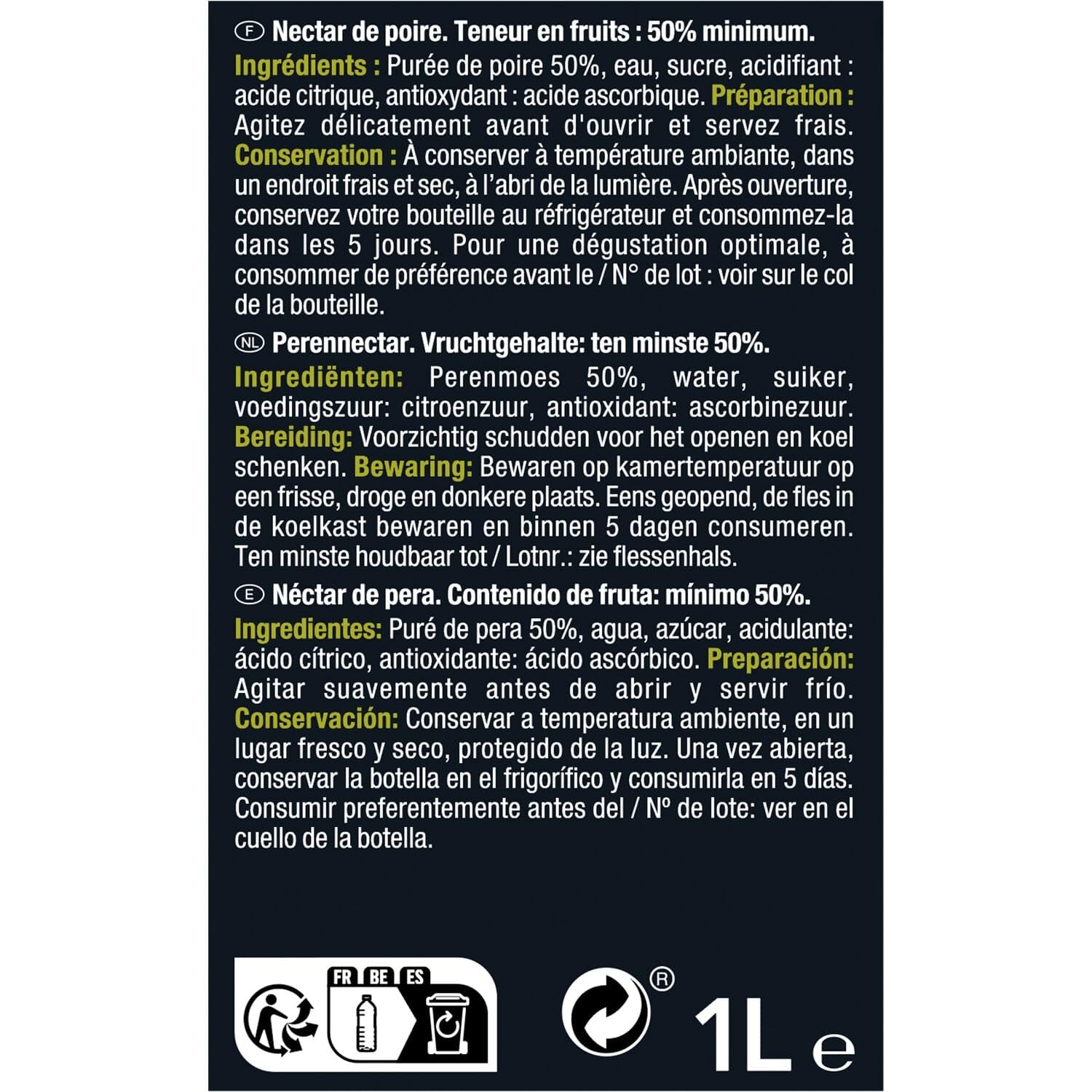 CARREFOUR SELECTION Nectar de Poire - Bouteille en plastique 1L - Teneur en fruits 50% minimum - Saveur authentique et gourmande - Lot de 4