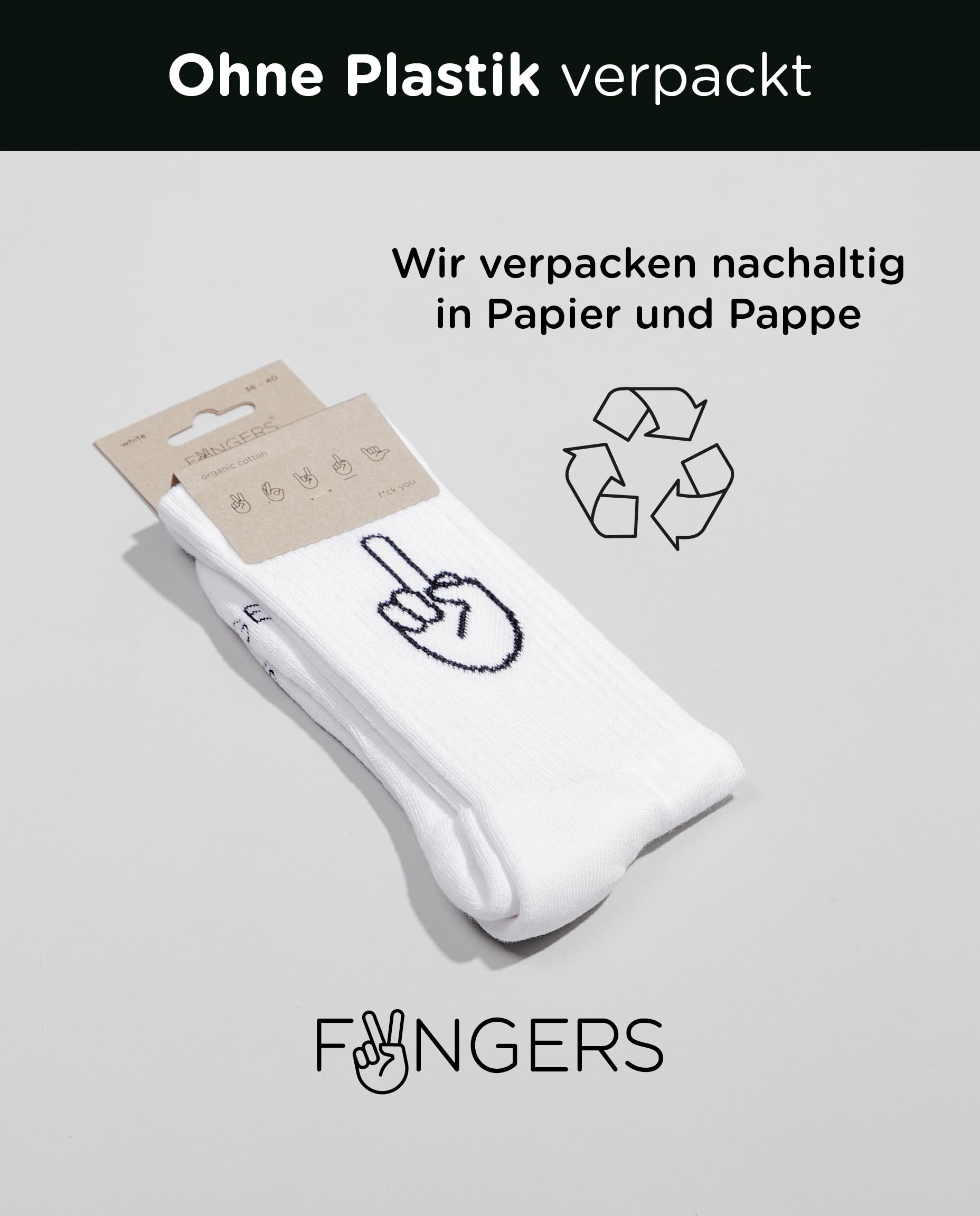FYNGERS | 3er Set | Sportsocken mit Handzeichen | Weiß | Bio-Baumwolle | Top Qualität