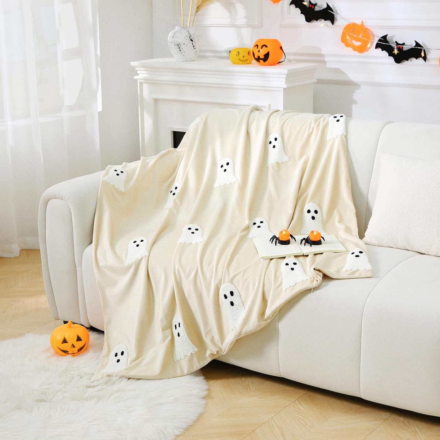 Halloween Ghost Throw Blanket 50x60, Ultra Soft Velvet All-Season Decorative Blankets with 3D Embroidered Ghost, Hidden Zipper for Duvet Insert, Cozy Bed or Sofa Blanket (White) - Image 7