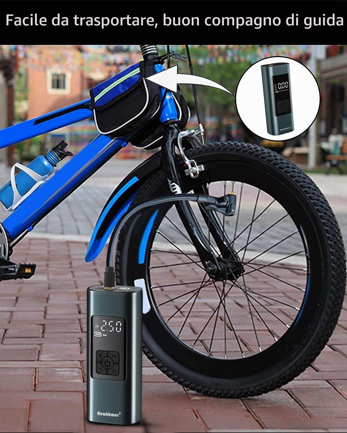 Mini compressore d'aria portatile,150PSI compressore elettrico ricaricabile | 12 V 6000 mAh,pompa ad aria con manometro, per auto, bicicletta, moto, palloni, autooff, power bank USB