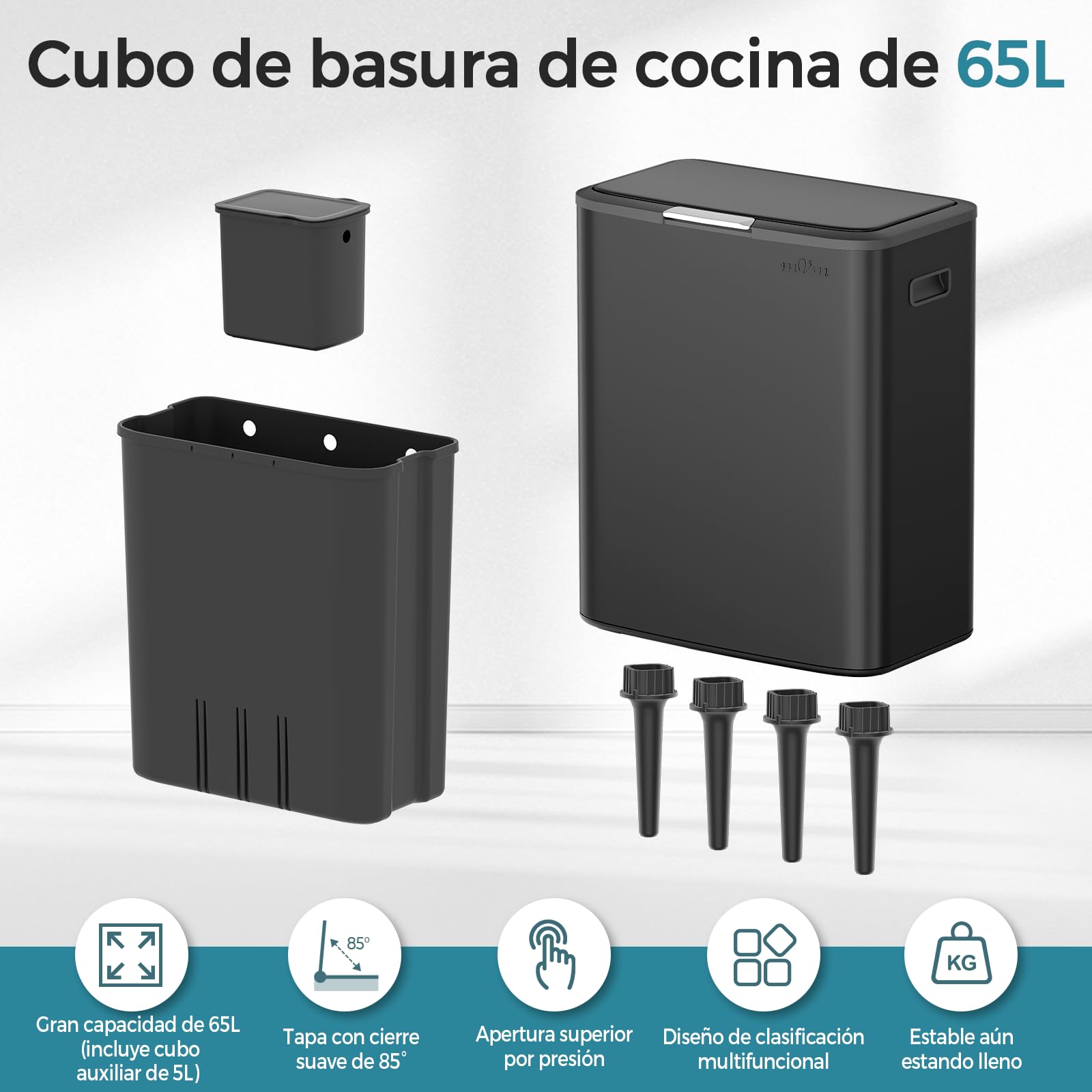 mVm Cubo de Basura Cocina 65L de Acero Inoxidable con Cubo Interior y Cubo Auxiliar 5L, Tapa Push Soft Close, Soporte Elevado