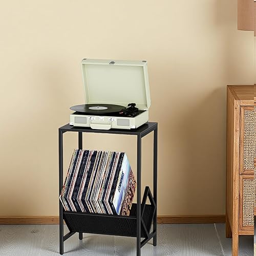 Miniatura 6 de Mesa auxiliar de 2 niveles, mesa auxiliar, soporte para tocadiscos con almacenamiento de hasta 100 álbumes, almacenamiento de discos de vinilo,