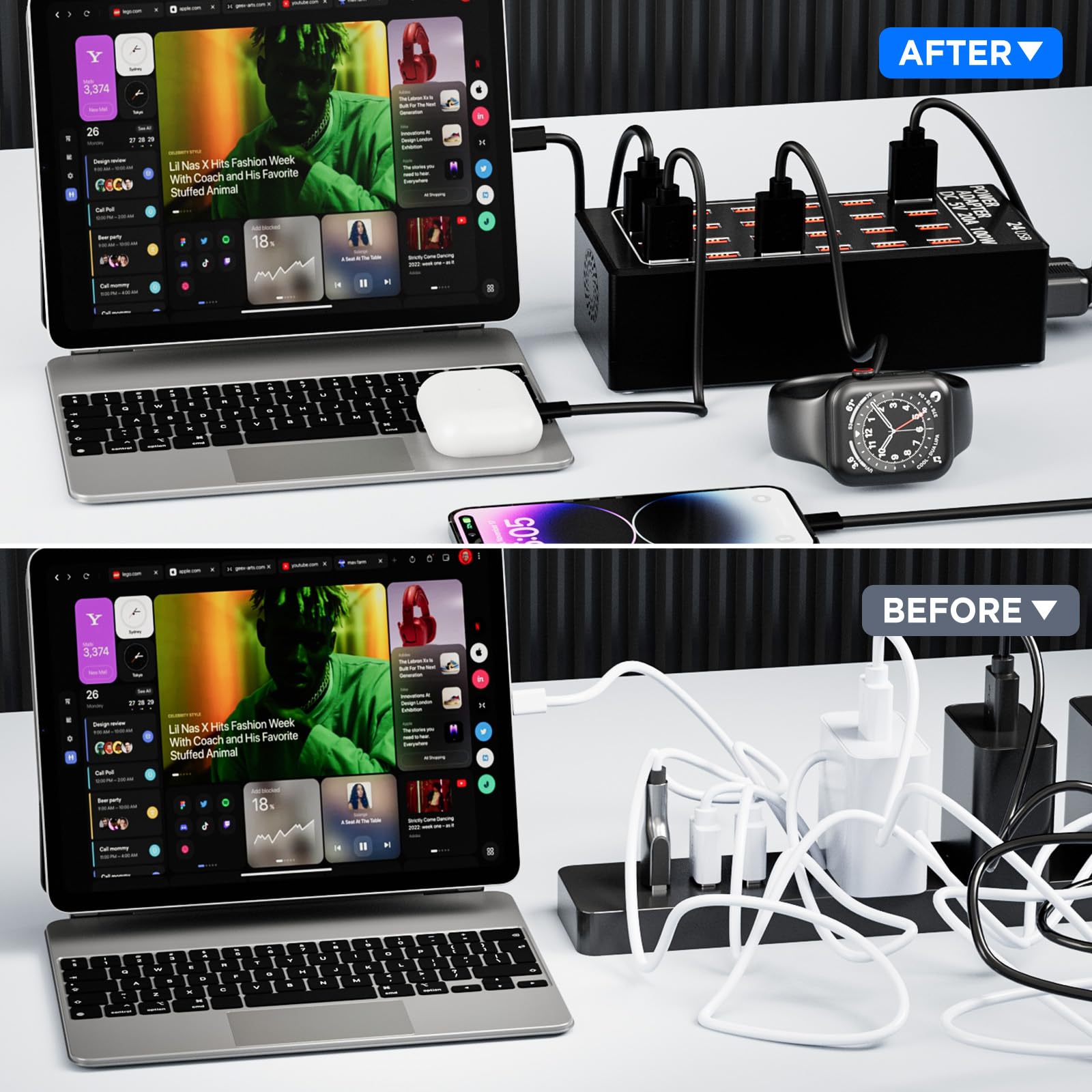 Station de charge 24 ports 100 W (20 A) pour plusieurs appareils, station de charge téléphonique avec charge rapide, plusieurs stations de charge USB pour hôtels, écoles, magasins