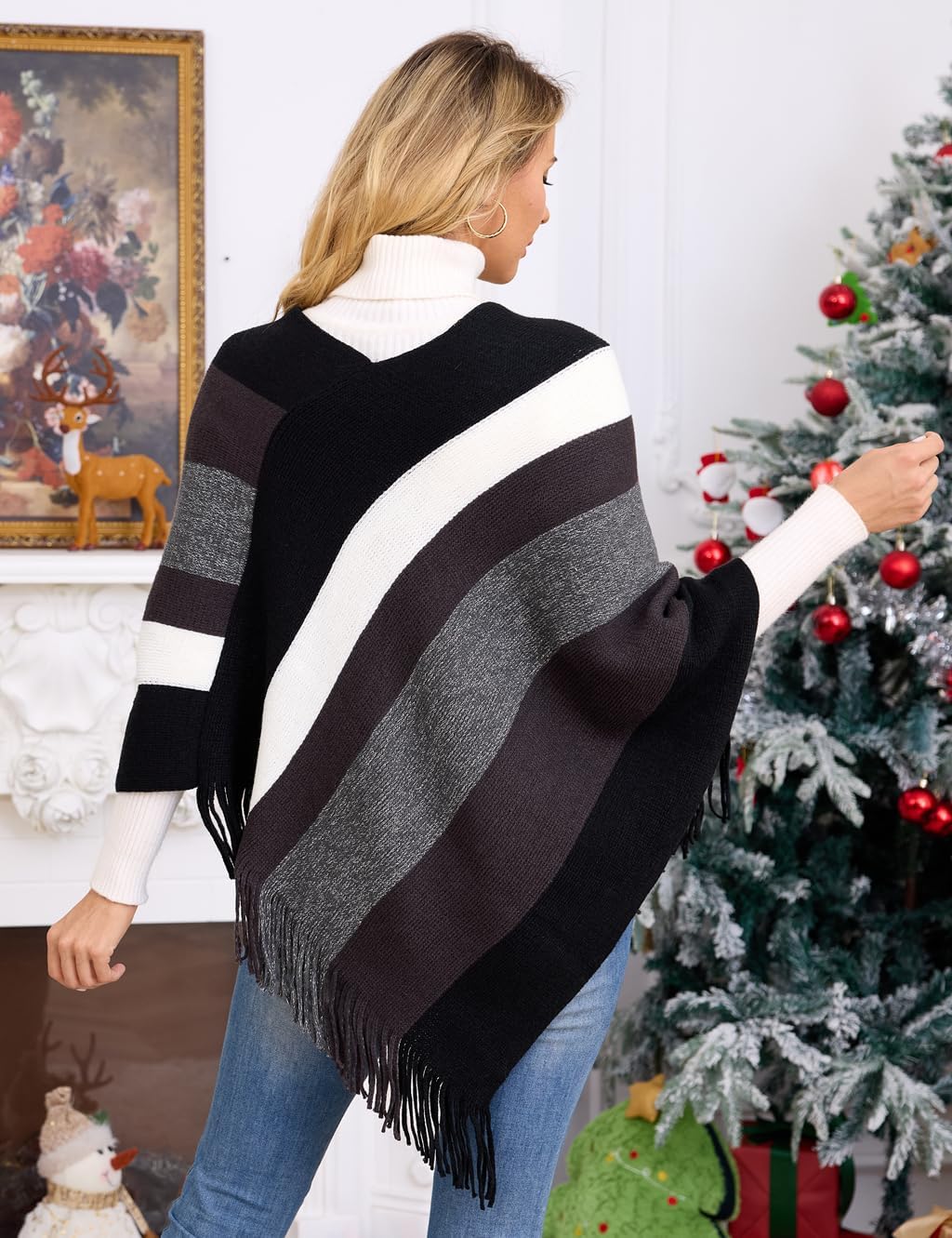 Ferand Women's Striped Poncho Sweater Cozy Knit Fringe Shawl Wraps for Fall Winter - Image 4