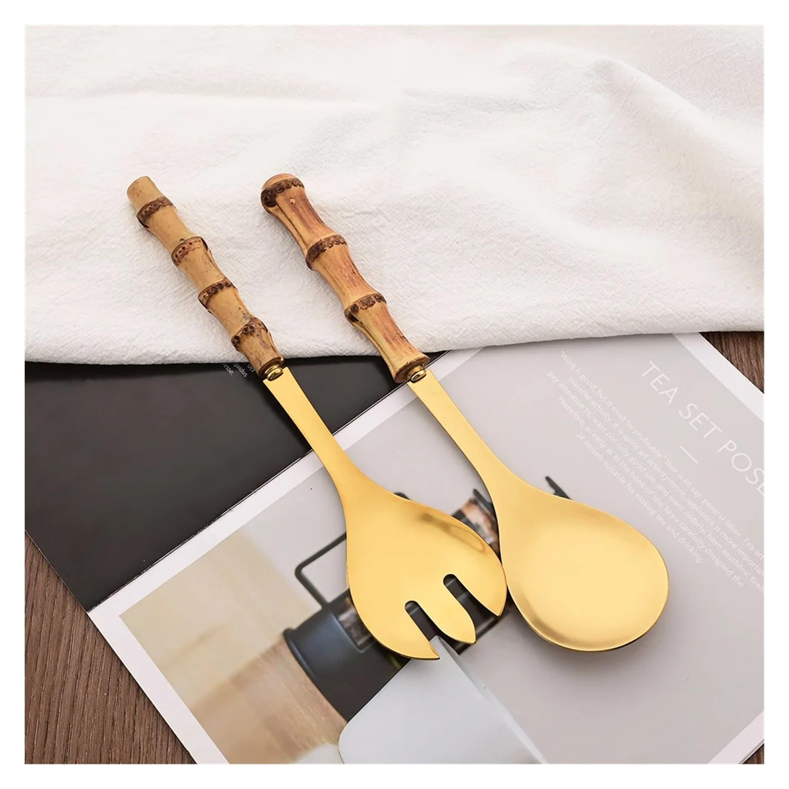6 szt. Uchwyt bambusowy łyżka do sałatek widelec zestaw obiadowy ze stali nierdzewnej do kuchni do jedzenia serwer naczynia złota zastawa stołowa narzędzia restauracyjne (Material : Gold Service Spoo
