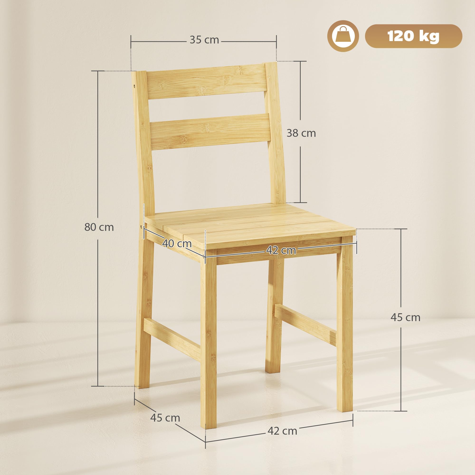 HOMCOM Lot de 2 chaises de Salle à Manger en Bambou, chaises de Cuisine sans accoudoirs avec Assise à Lattes et Dossier incurvé, pour Salon, Maison, Effet Bois Naturel