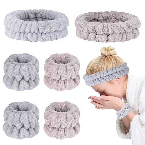 Juego de 6 muñequeras para lavado facial, diadema de spa para lavar la cara con pulseras, accesorios para el cuidado de la piel para niñas,