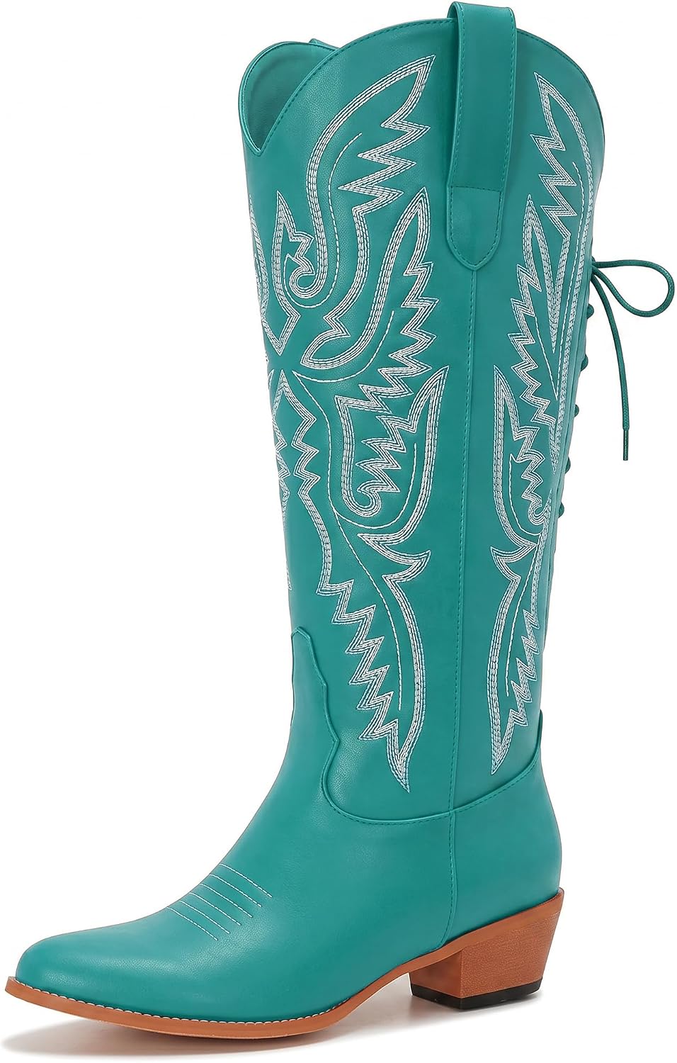 Uillnoodu Wide Calf Cowboy Boots Women Adjustable Lace Up Knee High Tall Plus Size Cowgirl Boots Western Style Comfortable 2-Inch Heel