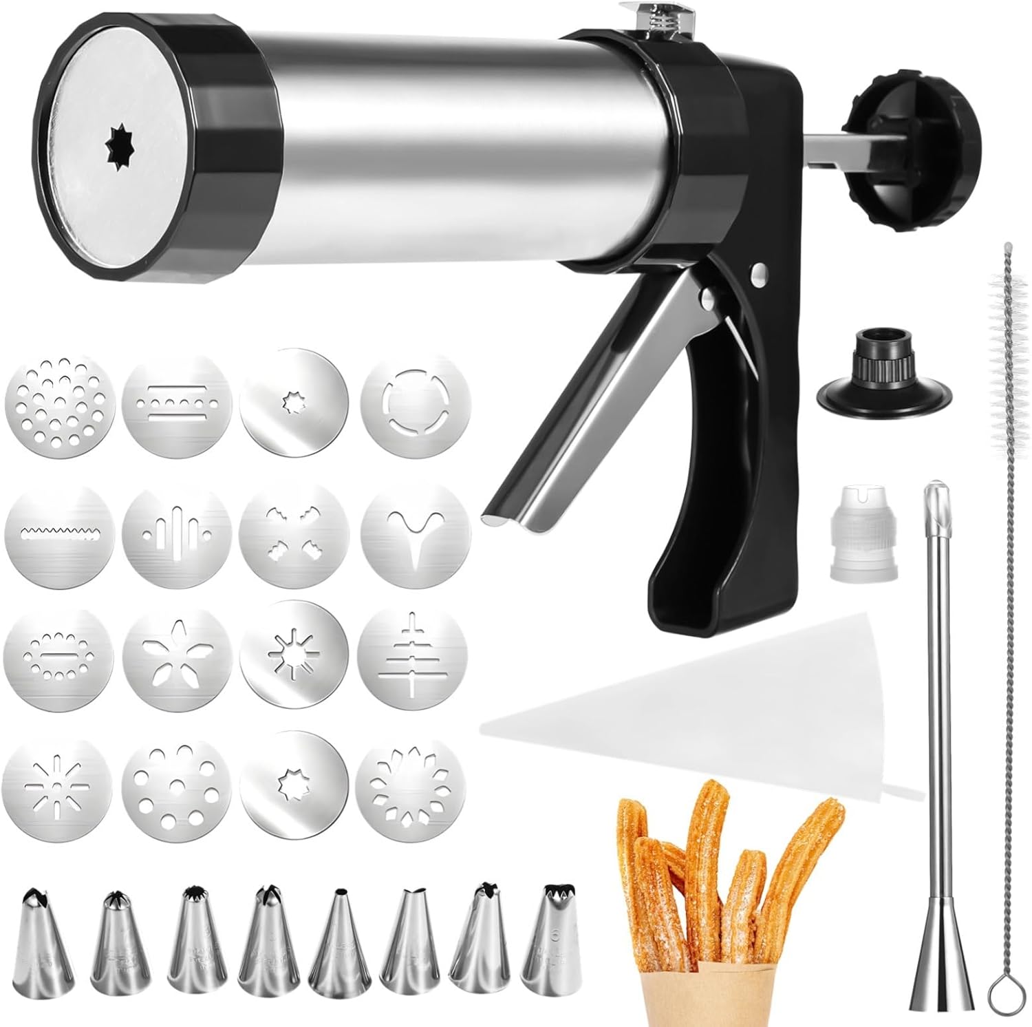 Press Kit With Stainless Steel Maker, 8 Piping Nozzles, 16 Discs, Piping Bag, Brush, And Recipe Book For Home Or Café Use