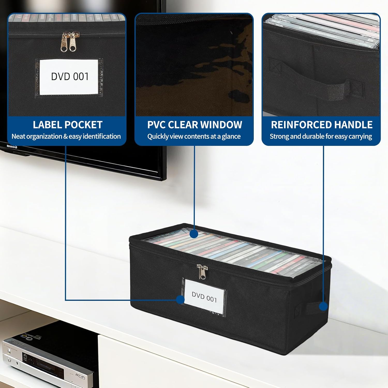 6 Pack Fabric DVD Storage Box with Clear PVC Lid, Holds 25 Standard DVD Cases, Sturdy Non-Woven Fabric with Cardboard Support for Movie Collection, Black