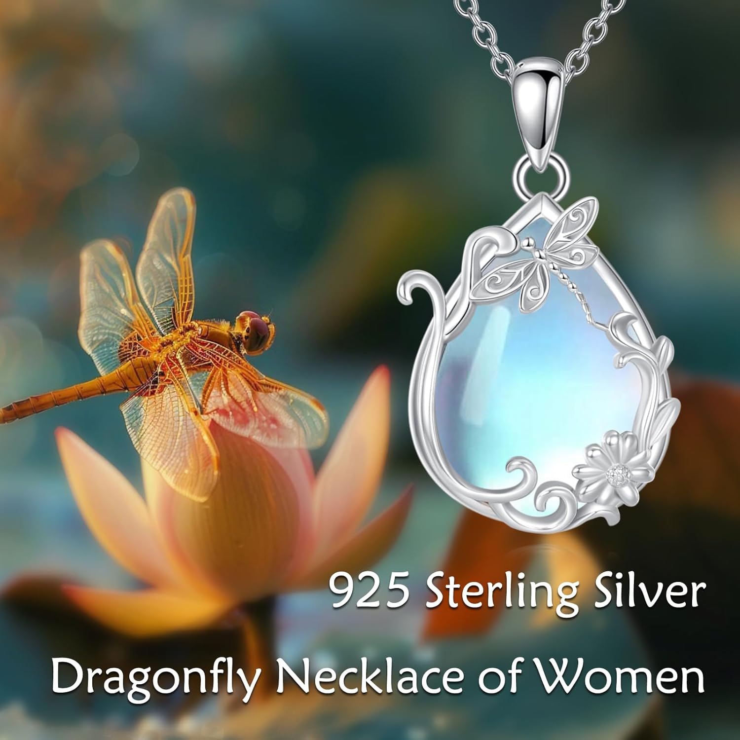 Moonstone Dragonfly Necklace 925 Sterling Silver Teardrop Moonstone Pendant Jewelry Gifts for Women - Image 6