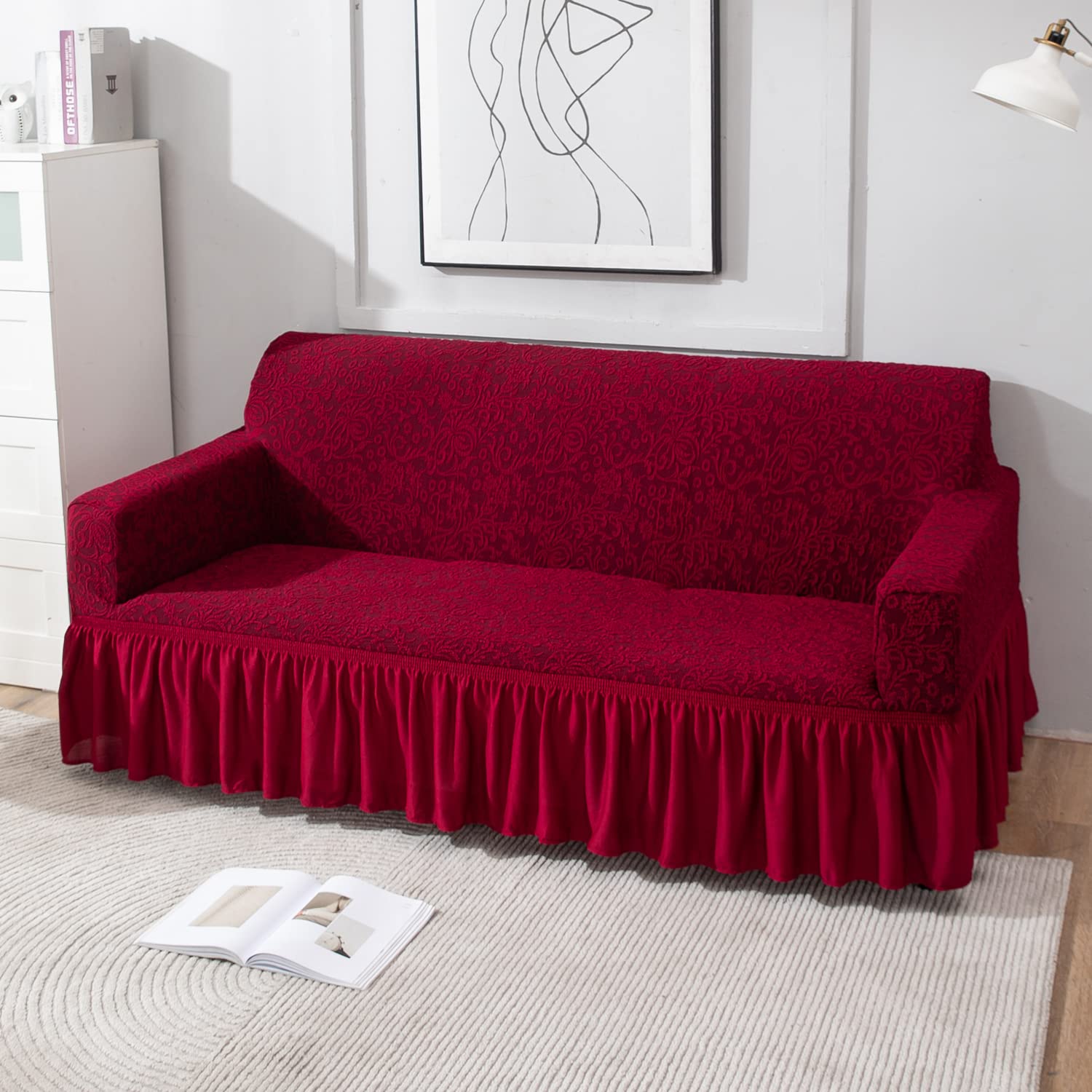 HOKIPO Elastic Stretchable Sofa Frill Cover for 3 Seater (AR-4648-J1) Wine Red (B0BTD1SGF8) Amazon Price History, Amazon Price Tracker