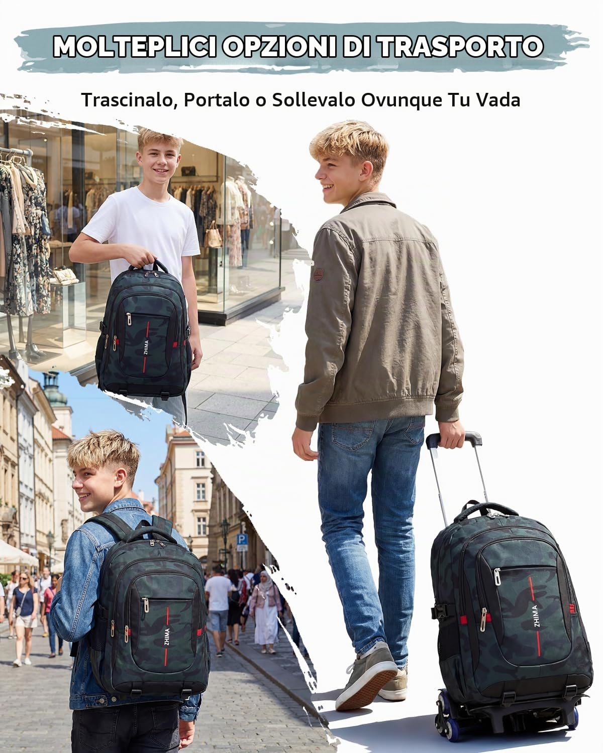 Zaino Trolley per Ragazzi Adolescenti, 26L Zaini con Ruote Scuola Media e Elementare Staccabile, 6 Rotelle Zaino Ragazzo Mimetici alla Moda per la Scuola e Viaggio, Verde