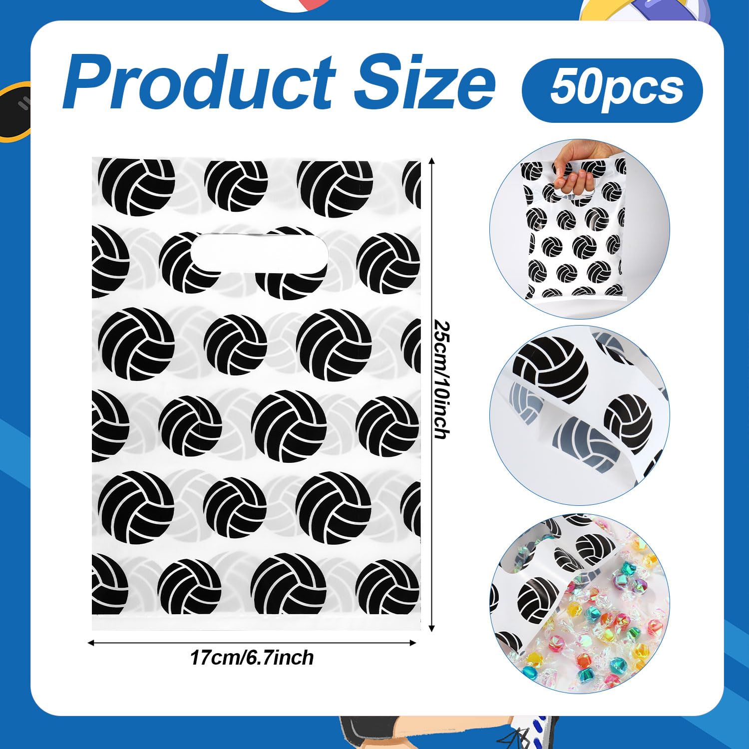 BOXOB 50pcs Volleyball Gift Bags, 10x6.7 Inch Plastic Snacks Candies Bags with Handles Volleyball Themed Party Sports Party Supplies (White)
