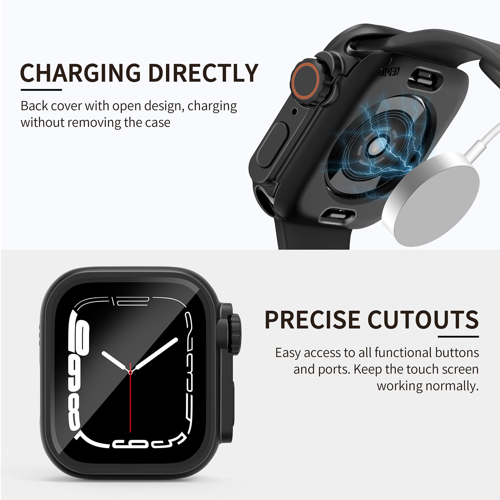 Wodoodporne etui 2 w 1, kompatybilne z Apple Watch 41 mm, osłona ekranu serii 9/8/7 (Ultra Style Design) iWatch ze szkła hartowanego, ochronna tylna osłona PC, akcesoria, czarne