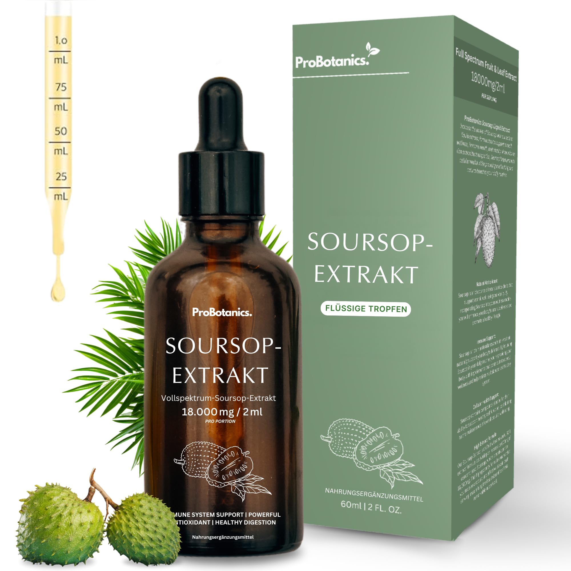 Graviola Tropfen für Zellunterstützung & Regeneration | Hochdosiert 600mg pro Portion (30:1 Extrakt entspricht 18000mg) | Starkes Antioxidans & Immununterstützung - Monatsvorrat - 60ml