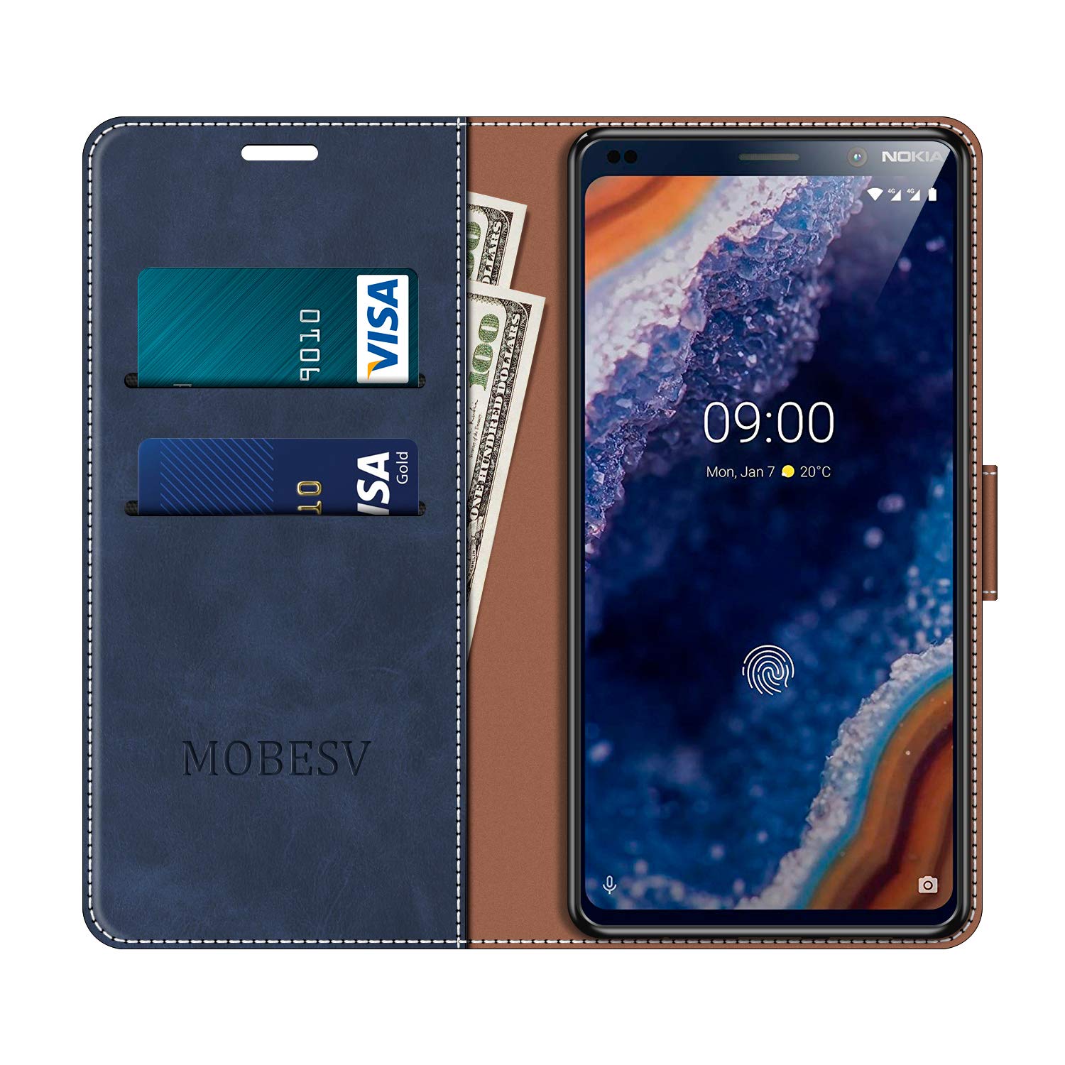 Suncase Custodia In Vera Pelle Per Nokia 9 PureView Con Estrattore E Chiusura Magnetica – Blu Pebble - 3