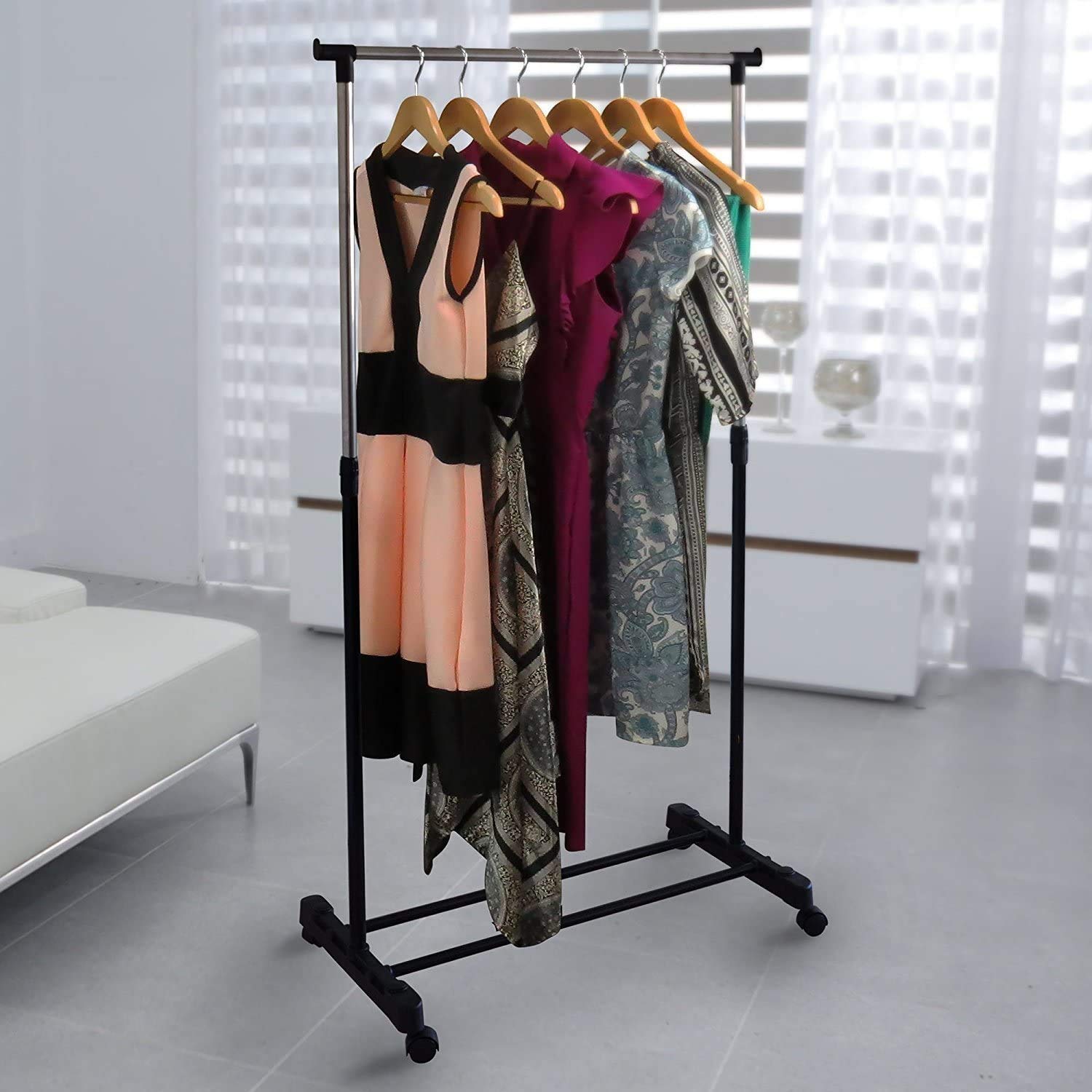 Small Lightweight Height Adjustable Clothes Garment Rack Storage Rail With Directional Wheels standing Clothing Rail(Stainless Steel)