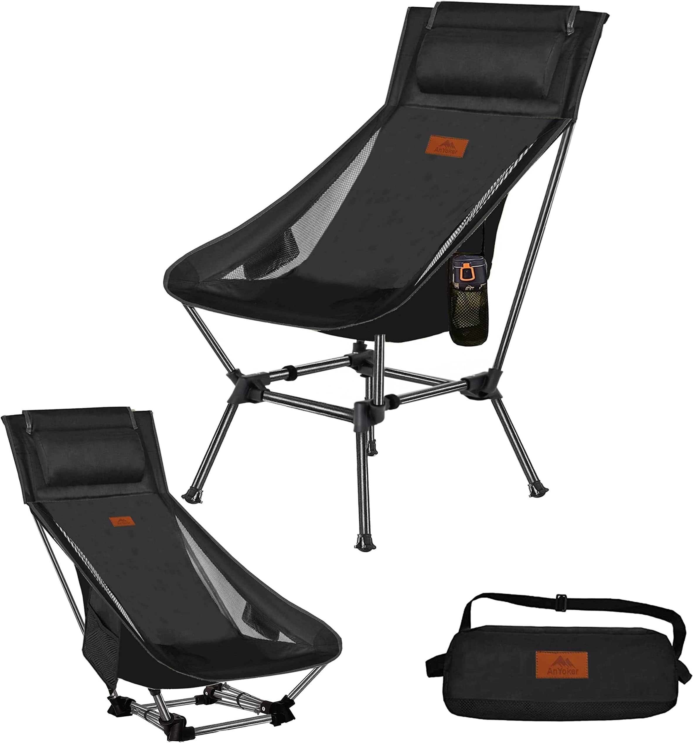 Camping Chair, 2 Way Compact Backpacking, Portable Folding Beach Gear with Side Pocket and headrest, Lightweight Hiking Gift 0166 (Black)