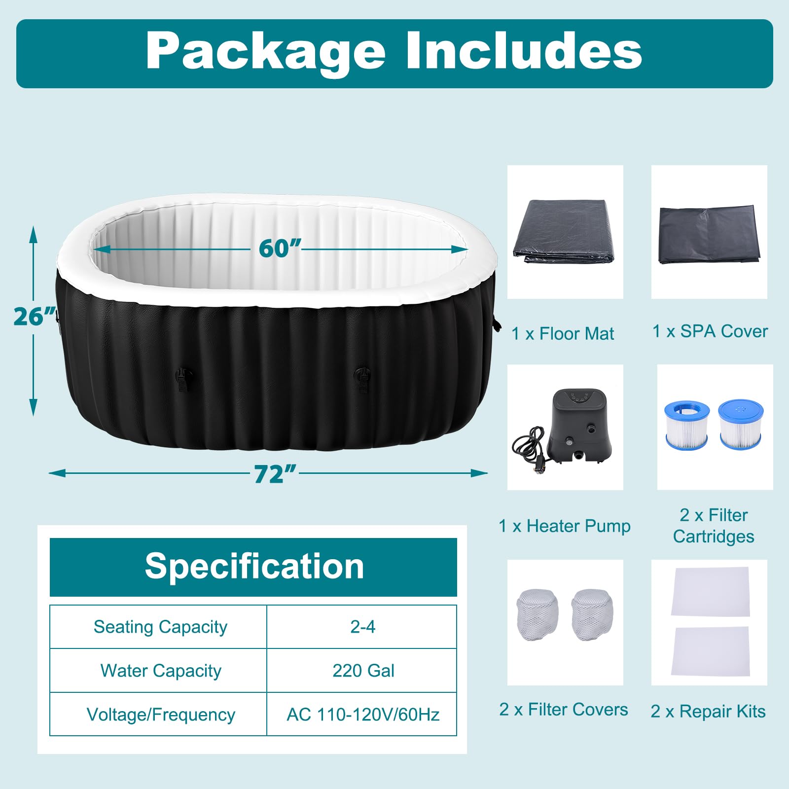 Aufblasbarer Whirlpool 2 Personen, Ovaler Outdoor Spa Pool 190 x 120 x 63 cm, Whirlpool Aufblasbar mit 100 Luftdüsen, 1800 W Heizung, Filter, Isolierabdeckung, Bodenmatte für Garten Terrasse