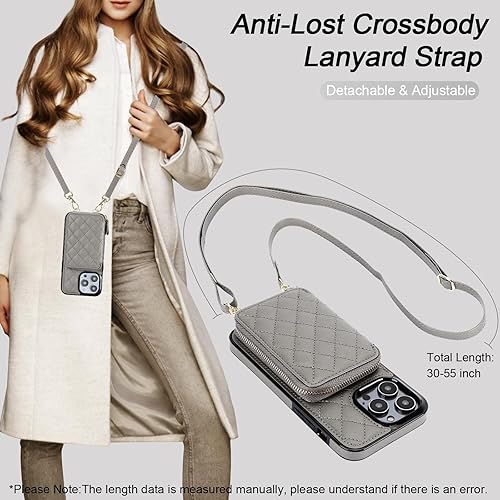 Miniatura 6 de Bocasal Funda tipo cartera cruzada para iPhone 14 Pro Max, con bloqueo RFID, de piel sintética, con cremallera, funda tipo cartera con función atril