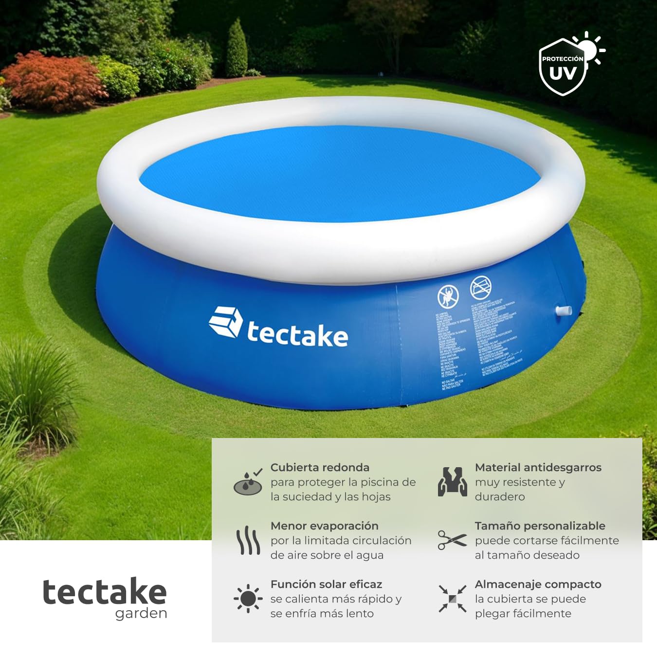 tectake® Manta Solar Piscina Redonda Flotante Recortable a Medida con Fuerza 110 µm para Calentar Agua y Proteger Piscina Hinchable, para Jardin y Piscinas - 455 x 455 x 1 cm Azul