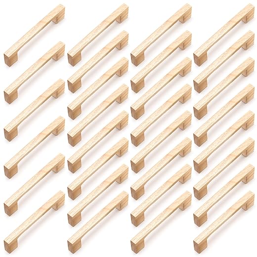 Leinuosen 30 Pcs Wood Cabinet Pulls Handles Solid Wood Handles Replacement for Kitchen Cabinets Furniture Dresser Wardrobe Cupboard Drawer, 5.51" Length, 5" (128mm) Hole Spacing
