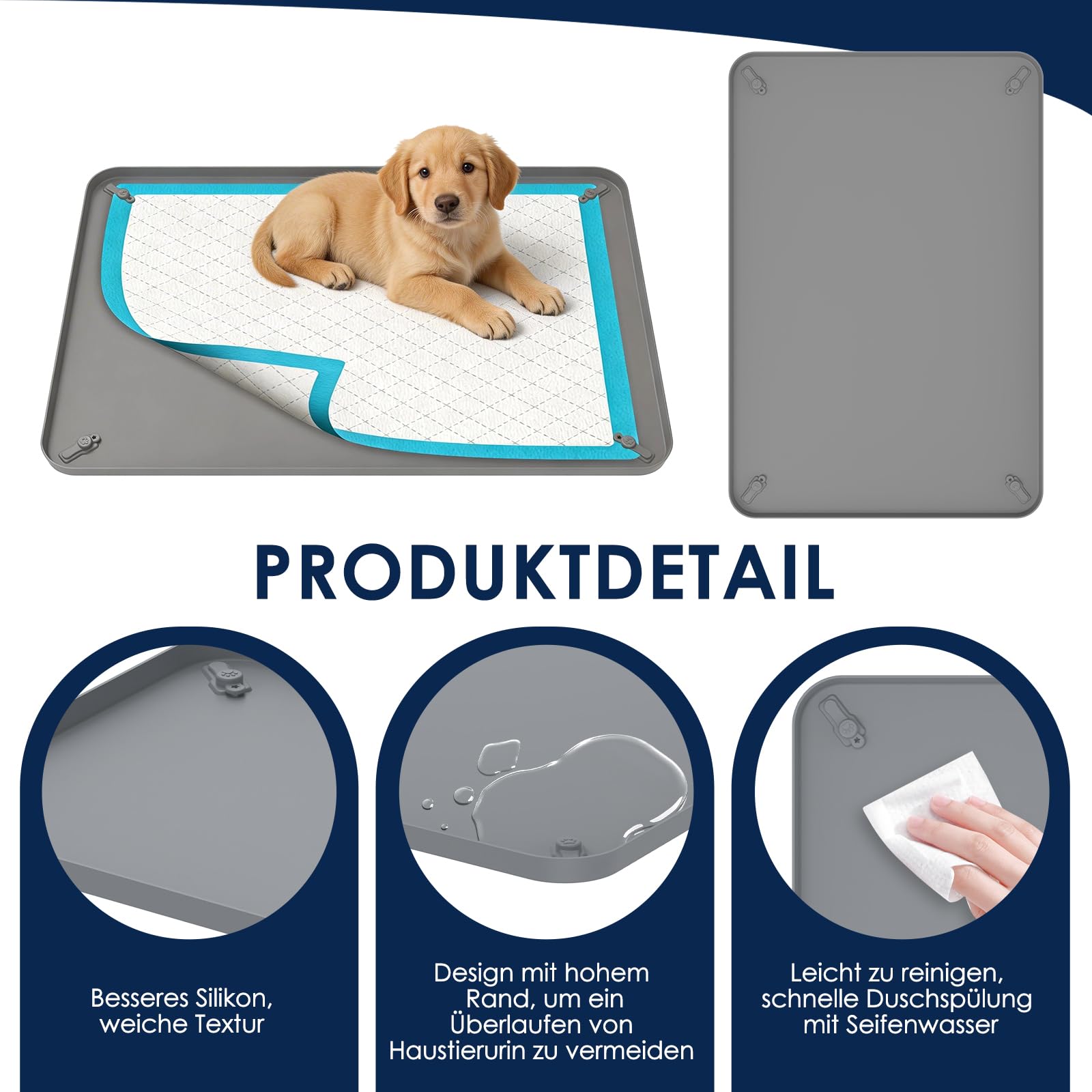 Silikonmatte Tablett für Hunde,Silikon-Urinauffangmatte,Urinierpad-Halter für Hunde, Katzen, Kaninchen, Auslaufsicher, Hundetrainingsmatten zum Schutz des Fußbodens zu Hause (Grau-92 * 64cm)