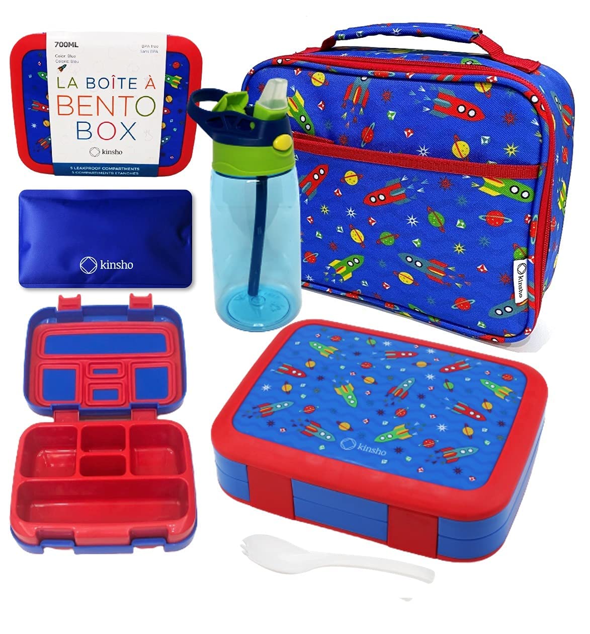 Kinsho Bento Set Completo Per Bambini: Lunch Box A Scomparti, Borsa Termica, Borraccia E Mattoncino Freddo. 5 Sezioni, Vassoio Rimovibile, Ideale Per Asilo E Scuola, Dai 3 Anni - 4