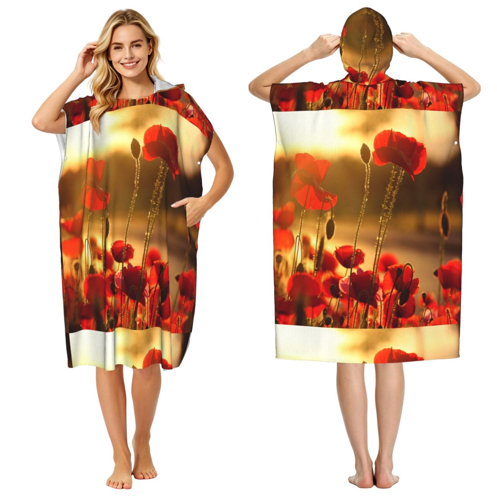 Poadnly Poppy Flower, Adult Hooded Beach Towel 90 x 110 cm,Changing Bath Robe, Surf Poncho Towel For Women Men