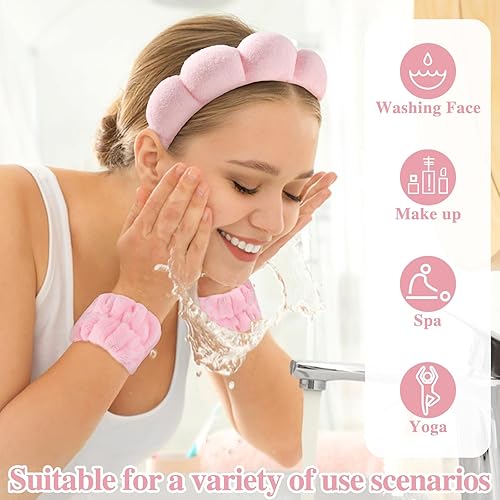 Miniatura 4 de WSICSE Diadema de spa para lavado facial, diadema rosa para el cuidado de la piel y muñequera, diadema de maquillaje suave para mujeres y niñas,