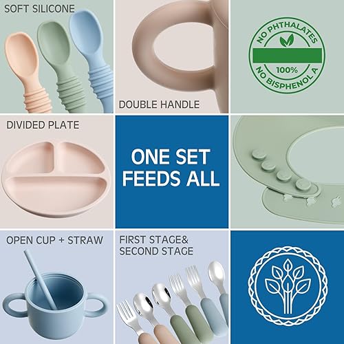 Miniatura 6 de Juego de 24 suministros de silicona para alimentación de bebé, incluye platos divididos de succión, cucharas de tazón suave, tenedores, babero