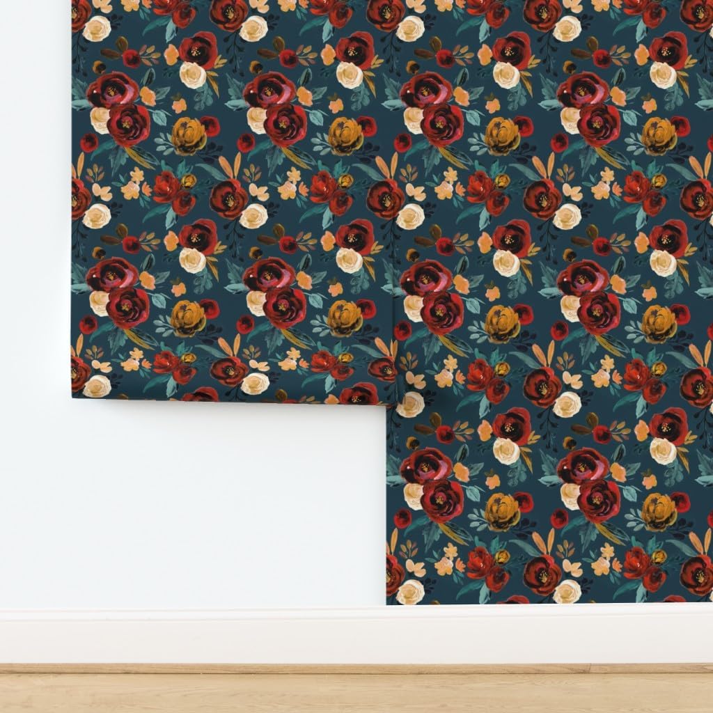 Peel & Stick Wallpaper 3ft x 2ft - Red Rose River Teal Blue Fall Autumn Floral Flowers Gold Custom Removable Wallpaper by Spoonflower