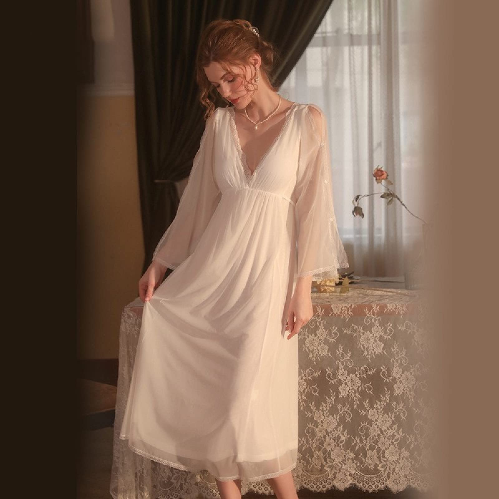 OFFSUM Camisón De Pijama De Mujer - Camisón De Malla Blanca con Escote En V para Primavera Vestido Íntimo De Encaje Dulce Camisón De Color Sólido Elegante