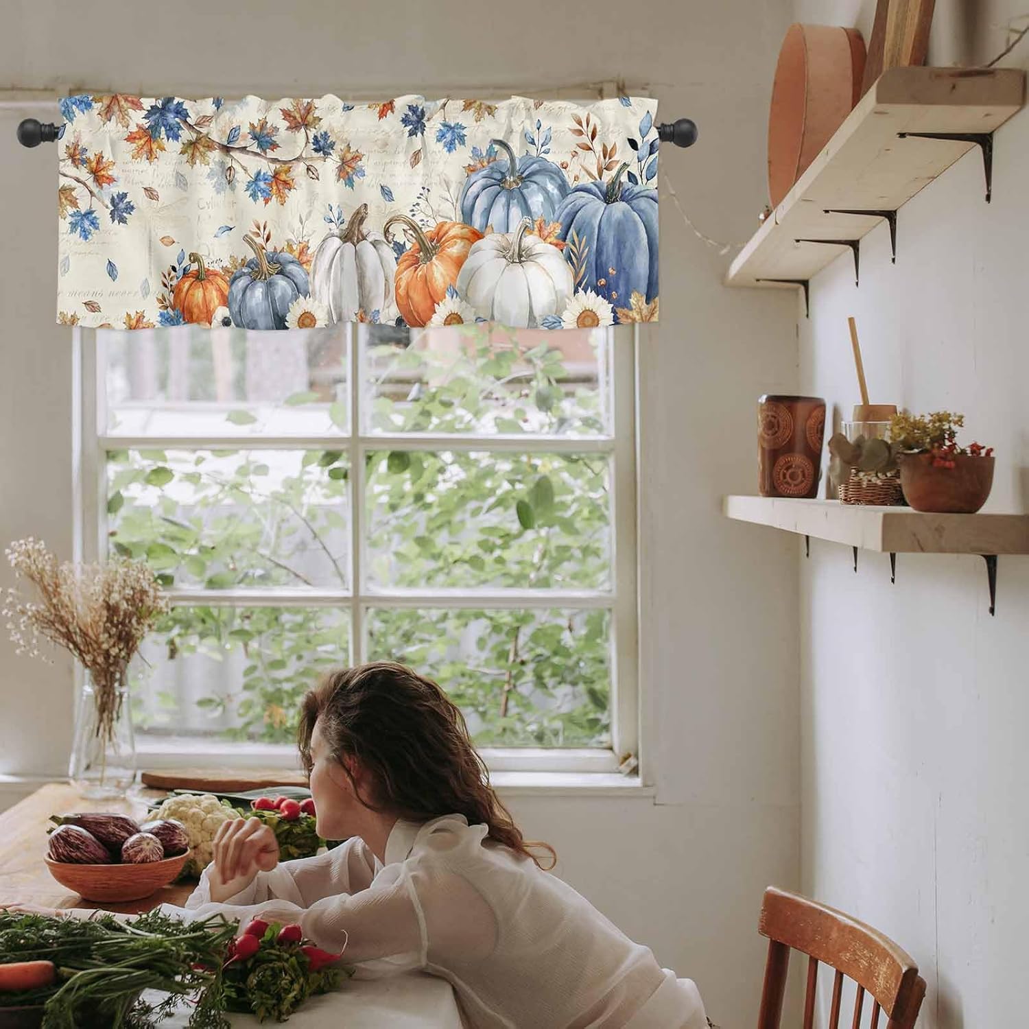 Thanksgiving Curtain Valance for Kitchen Window, Orange Watercolor Pumpkin Linen Texture Privacy Farmhouse Curtain, Rod Pocket Window Treatments Curtains for Living Bathroom Bedroom Decor,60"Wx18"L