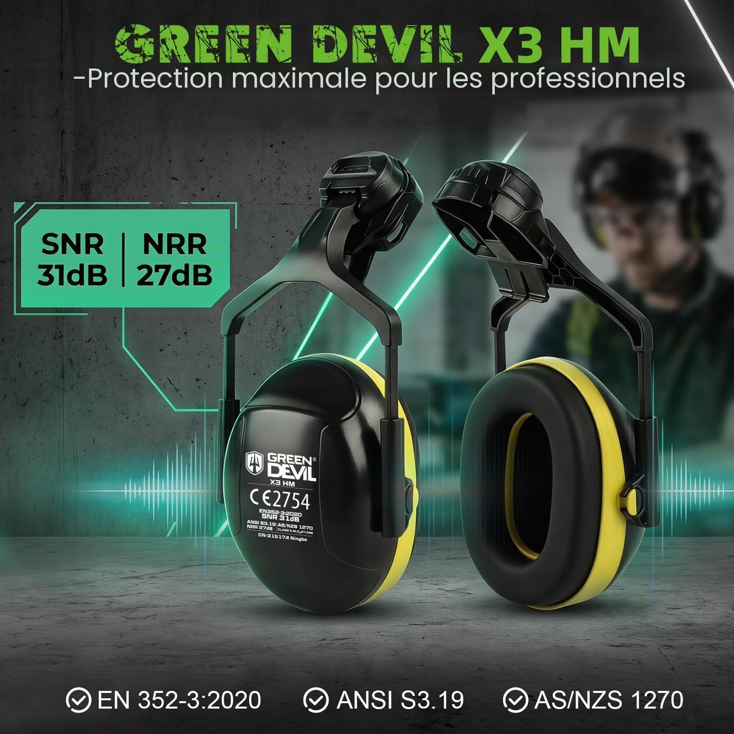GREEN DEVIL Mervex Casque de protection forestier avec lunettes de protection à double verre EN166 et silencieux EN352 SNR32dB, certifié EN397, matériau ABS unisexe pour le jardinage, les chutes de