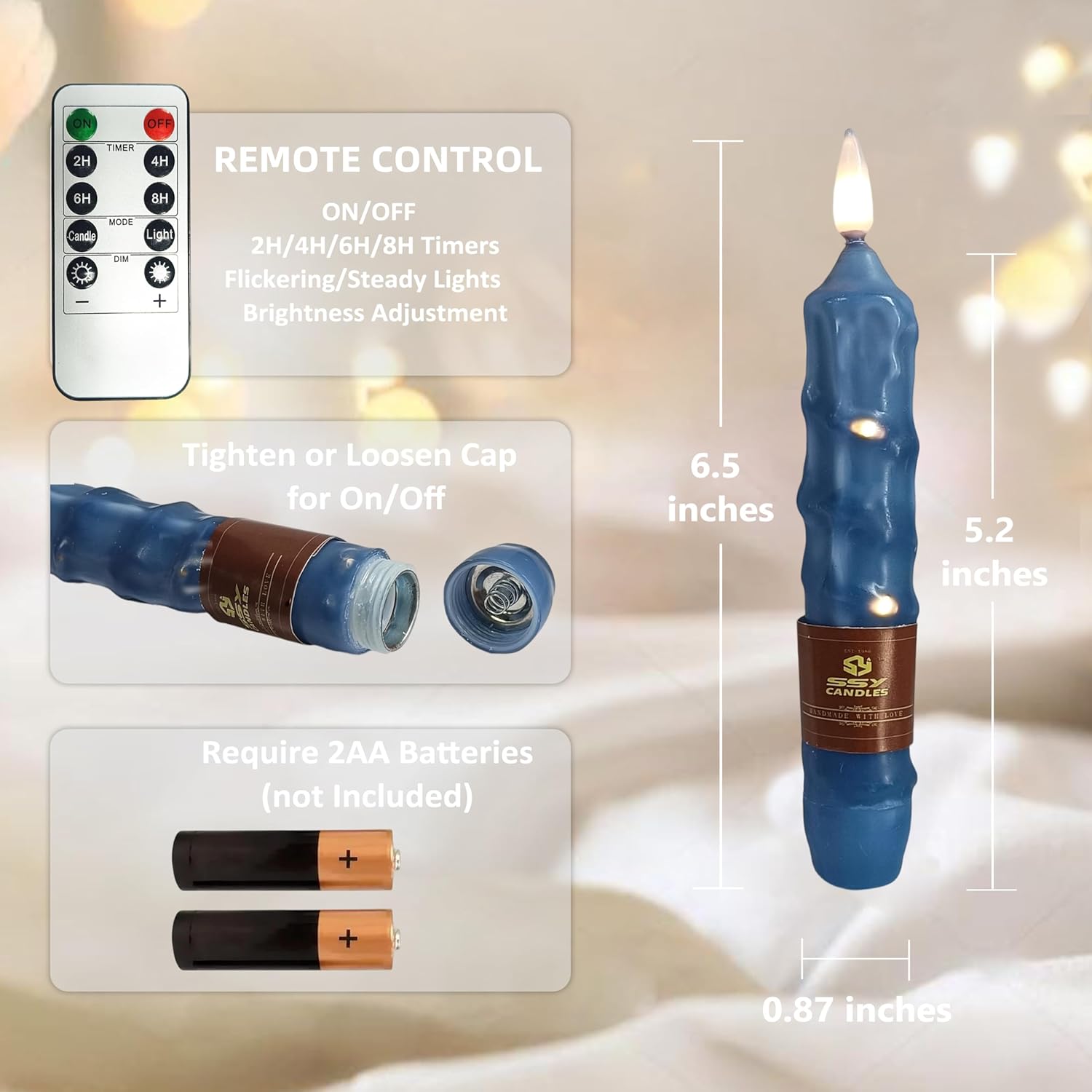6.5 inch Haze Blue Flameless Candle with String Light Window Candles with Remote Timer Battery Operated Taper Candle LED Taper Candles Set of 4