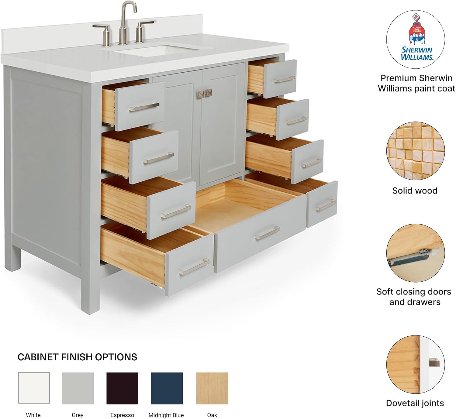 DKB Beckford 48-Inch Grey Bathroom Vanity with 1.5-Inch Pure White Quartz Countertop & Backsplash, Center Rectangular Undermount Sink, 2 Soft Closing Doors, 9 Dovetail Drawers, Matte Black Hardware