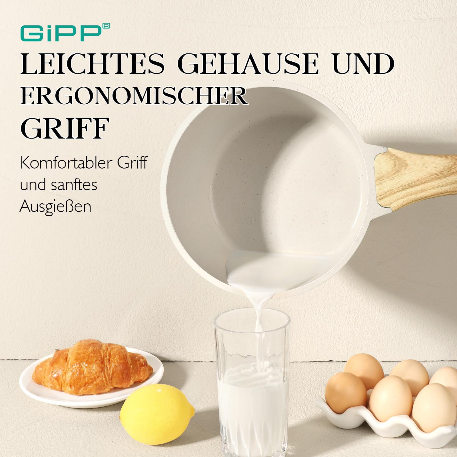 GiPP Casseruola da 20 cm, piccola casseruola a induzione, con coperchio, rivestimento antiaderente in granito, manico in legno, pentola da 3.6L, per induzione, senza PFOA (bianco, 20cm)